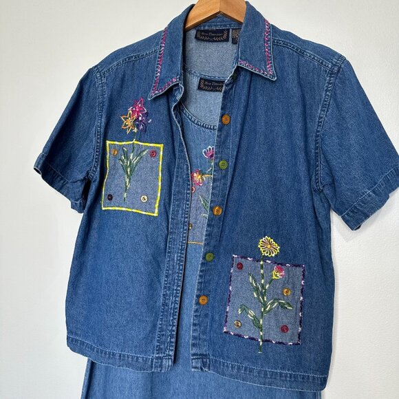 Vintage New Direction Denim Maxi Dress Small Floral Embroidered 2 piece - Picture 2 of 14